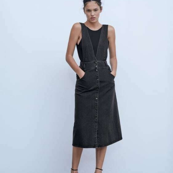 Zara Dresses & Skirts - ZARA Button-Up Denim Pinafore Overall Jumper Blogger Fav Black Dress NWT Small